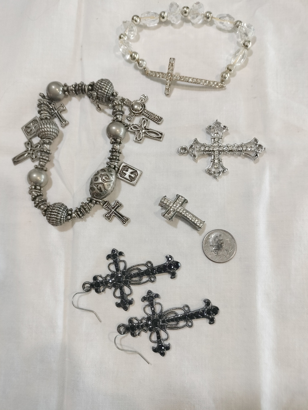 Silver Tone Cross Charm Bracelet Cross Earrings Costume
